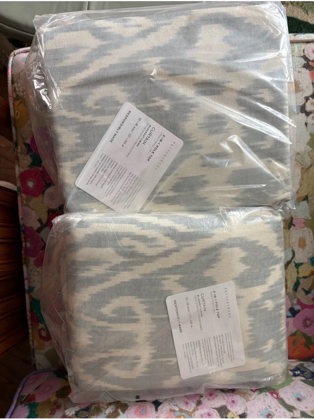 Pottery Barn Light Blue Ikat-Patterned Drapes (2)